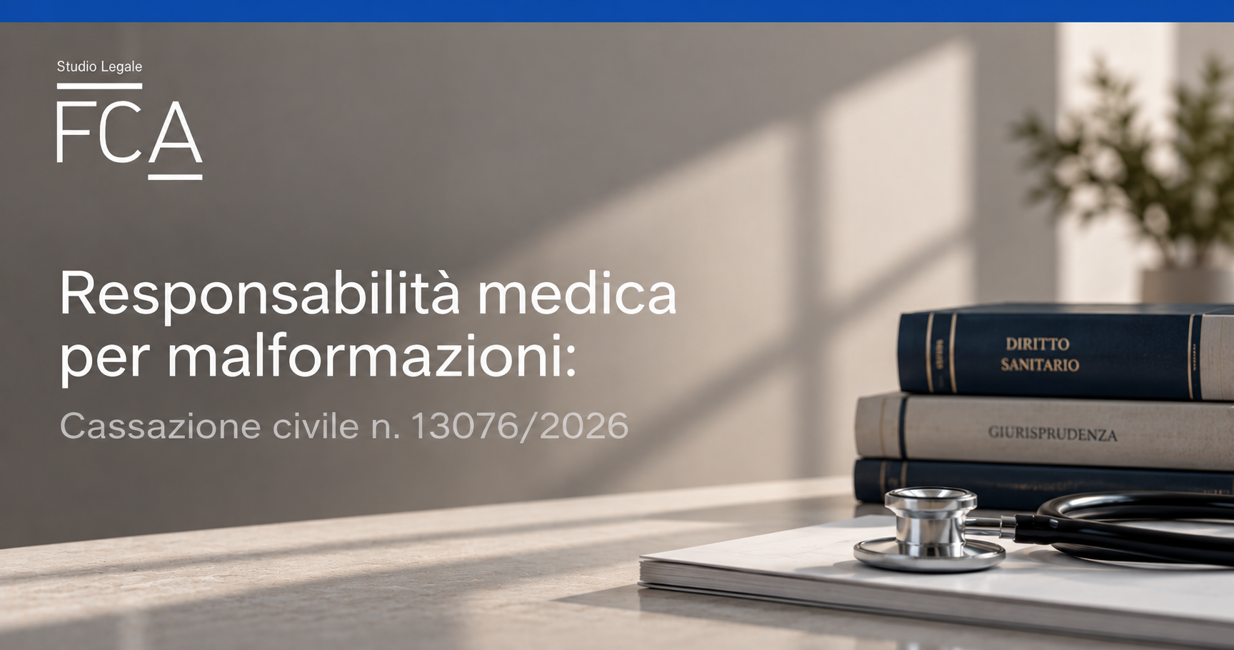 Cover articolo dello Studio Legale FCA sulla responsabilità medica per malformazioni e Cassazione civile n. 13076/2026, con stetoscopio e volumi giuridici in ambiente professionale, Firenze, Toscana. Responsabilità medica per malformazioni: Cassazione civile n. 13076/2026 Cassazione civile sez. III, 6/05/2026, n. 13076 Il diritto al risarcimento per le malformazioni Studio Legale FCA – Avvocato Francesco Cecconi Avvocato Firenze specializzato in Responsabilità medica e Malasanità Viale Giacomo Matteotti, 64, 50132 Firenze FI Telefono: 055 552 0283 Sito web: studiolegalefca.it